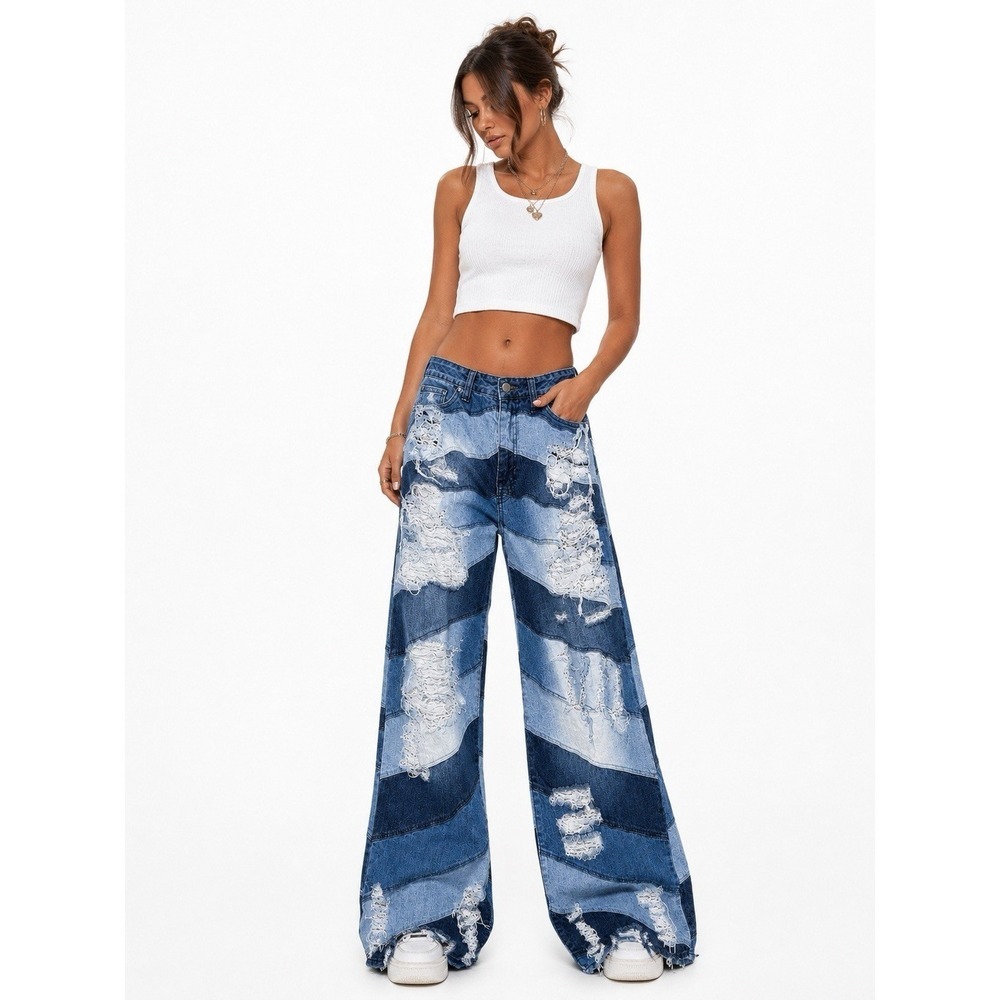 Aphrodite Patchwork Distressed Wide Leg Jeans Women's Size 5/27 Y2K Grunge Hem